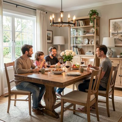 a dining room set for a family meal