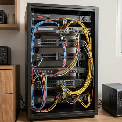 a homelab rack with the cables dressed neatly