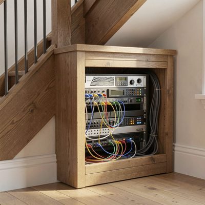 a network cupboard tucked under the stairs