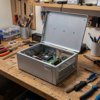 a homelab server with the lid off on a workbench