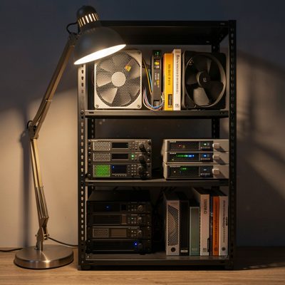 a homelab rack lit by a desk lamp at night