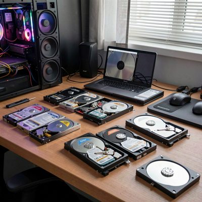 a homelab with hard drives laid out across a desk