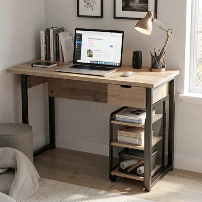 a home office desk with a small rack underneath it