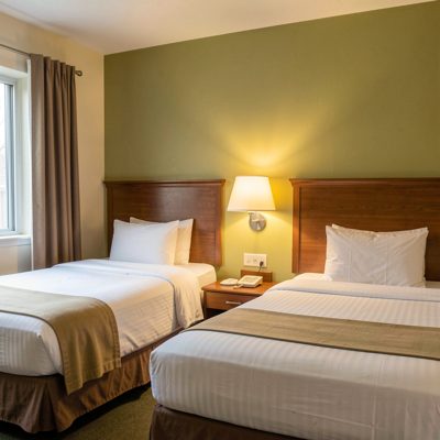 a motel room with two beds and a bedside lamp