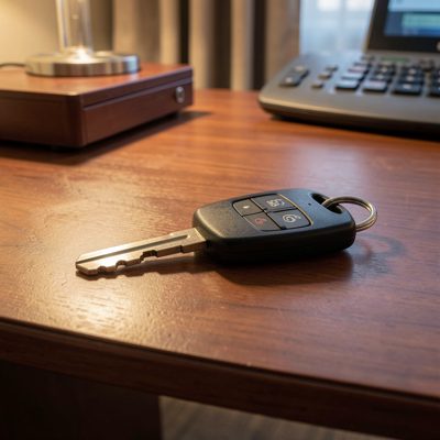 a hotel room key on a wooden desk