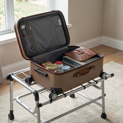 a luggage rack with a suitcase open on it