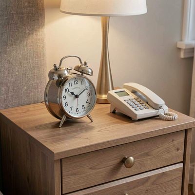 a bedside table with an alarm clock and phone