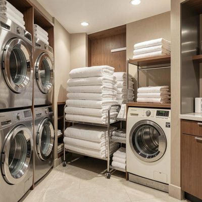 a hotel laundry with stacked clean linen