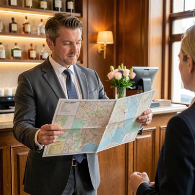 a concierge holding a map open for a guest