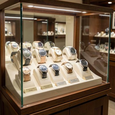 a display case of watches under glass