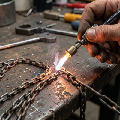 a chain being soldered with a small torch