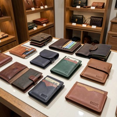 a display of leather wallets and card holders