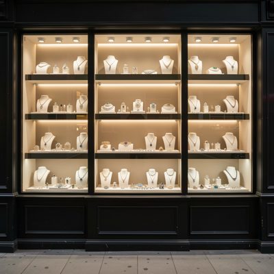 a display window with lit shelves of jewelry