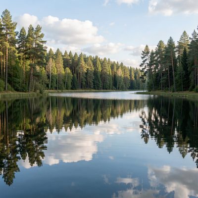 a calm lake reflecting pine forest and sky