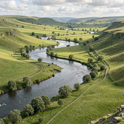 a river winding through a wide green valley