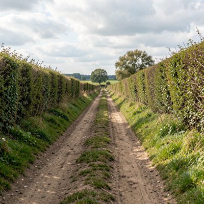 a dirt track running between hedgerows