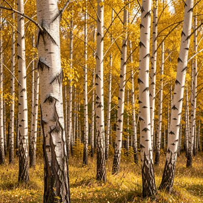 autumn birches with white trunks and yellow leaves