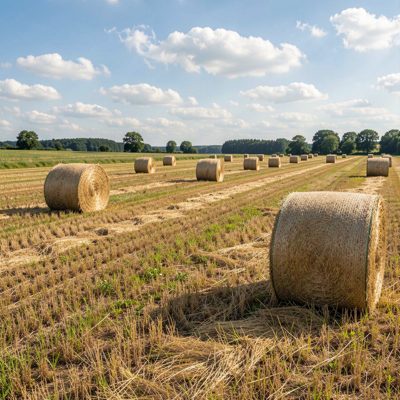 a hay meadow after cutting with rolled bales