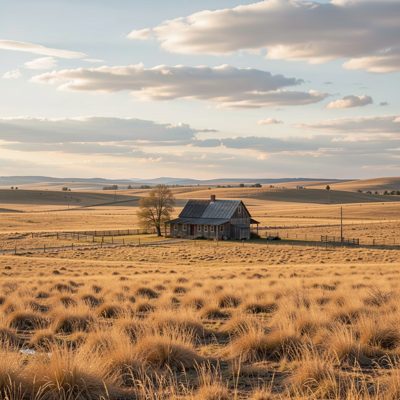 a lone farmhouse in a wide open landscape