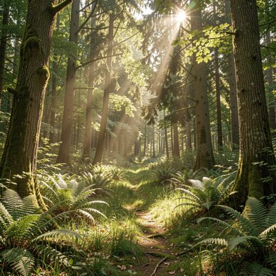 a woodland clearing with sun breaking through