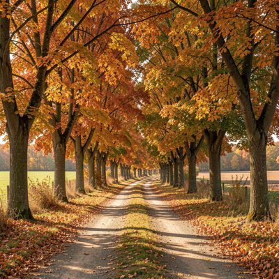 a country lane lined with autumn trees