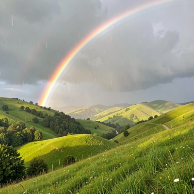 a rainbow over green hills after rain