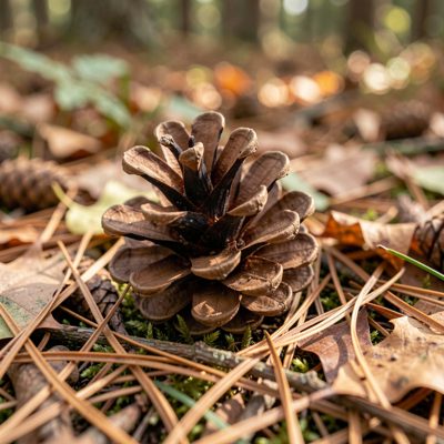 a pine cone on the forest floor close up