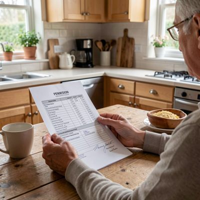 a pension statement being read at a kitchen table