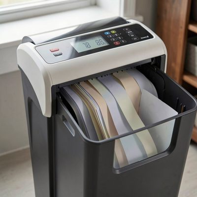 a shredder with strips of paper in the bin