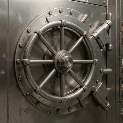 a bank vault door with a wheel handle