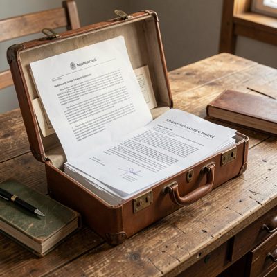 a briefcase of documents opened on a table