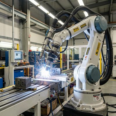 a robotic welder on an assembly line
