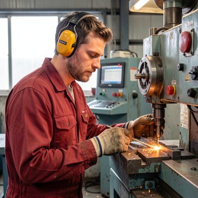 an operator in ear defenders at a machine