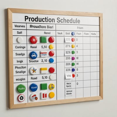 a production schedule board with magnets