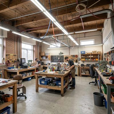a workshop with overhead air lines