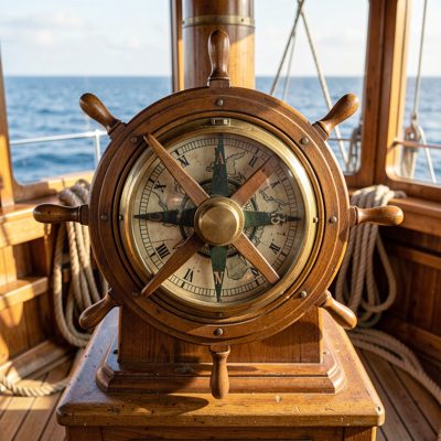 a ship's wheel and compass binnacle