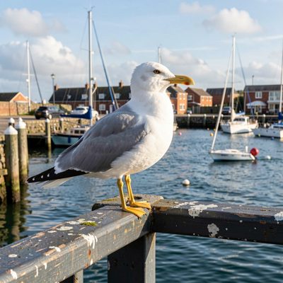 a seagull perched on a harbour railing
