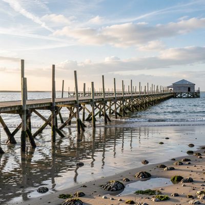 an oyster farm with trestles at low tide