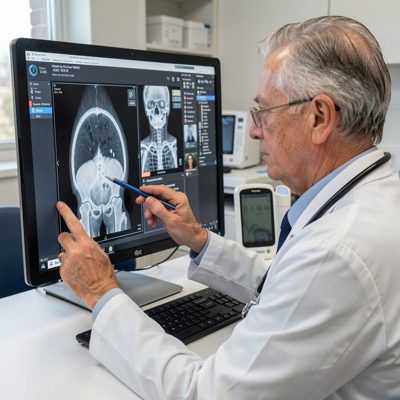 a doctor reviewing a scan on a screen