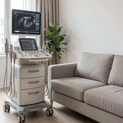 an ultrasound machine beside a couch