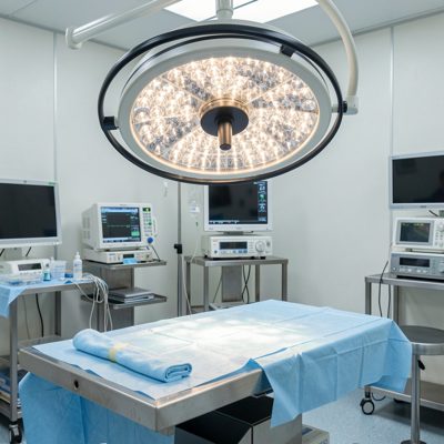 an operating theatre light above a table