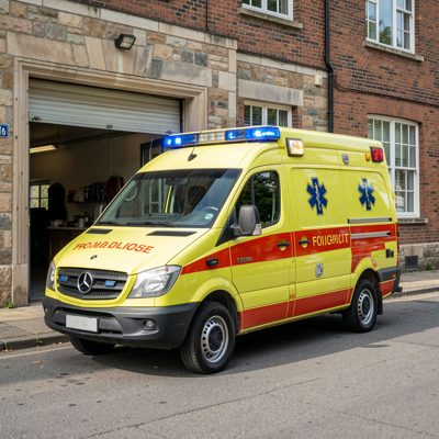 an ambulance parked at an entrance