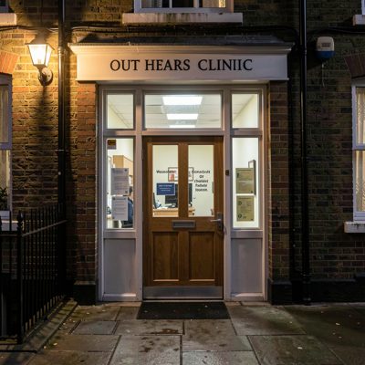 an out of hours clinic doorway at night