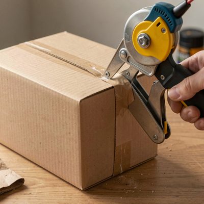 a tape gun sealing a box