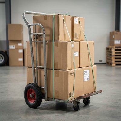a hand truck with boxes strapped on