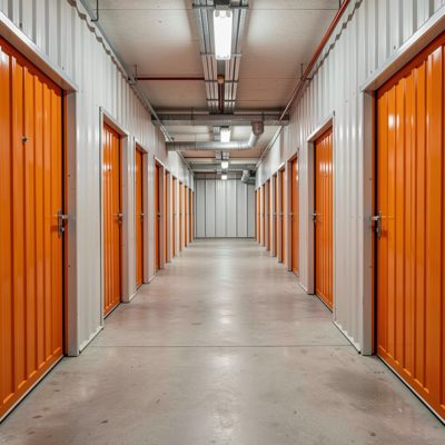 a self storage corridor with orange doors