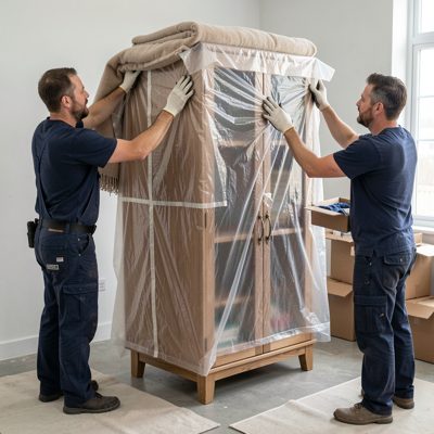 a removals team wrapping a wardrobe in blankets