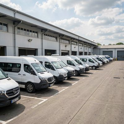 a depot yard with vans lined up