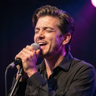 a singer holding a microphone with eyes closed