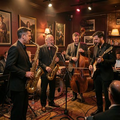 a jazz quartet playing in a dimly lit club
